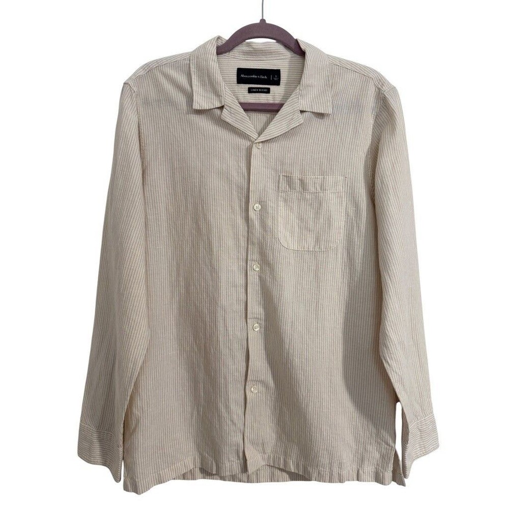 Abercrombie & Fitch Mens Pocket Linen Long Sleeve Shirt Cream Light Pink Strip
